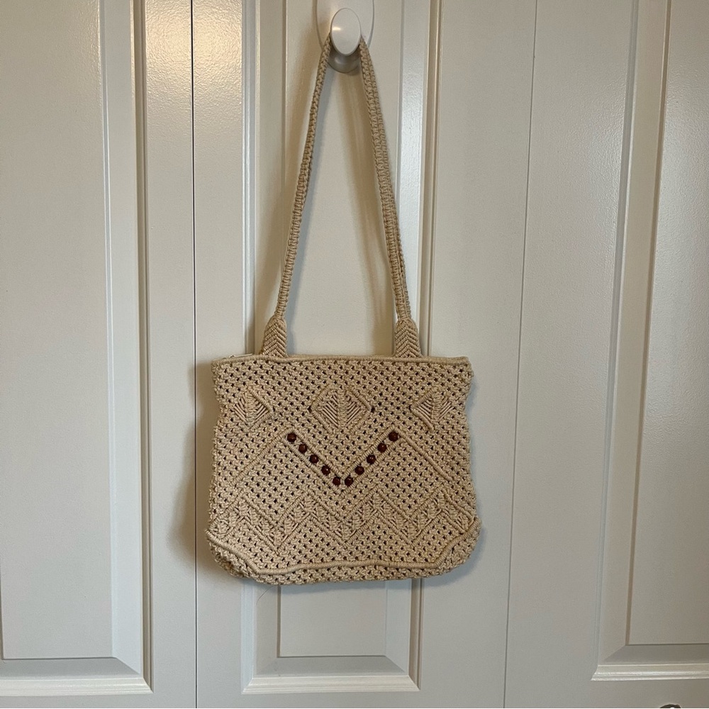 Vintage Macrame Woven Beaded Shoulder Bag - image 4